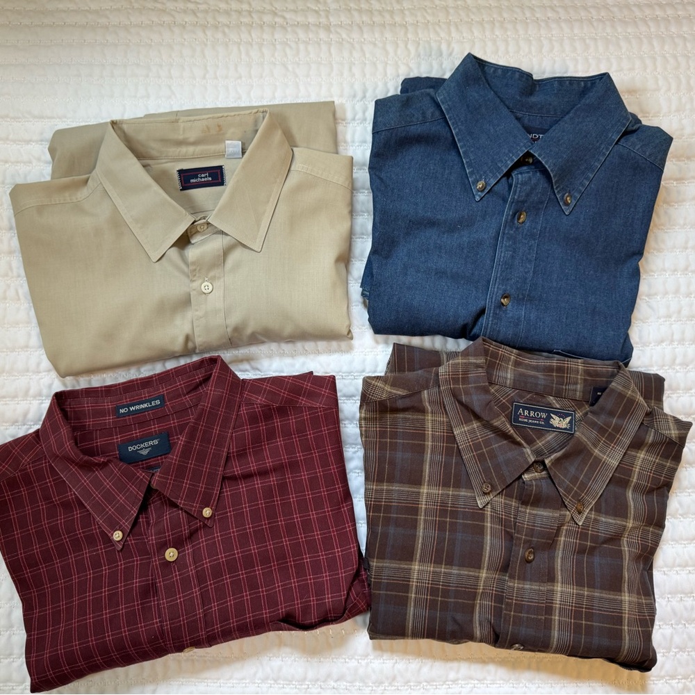 Men’s Button Down Shirt Bundle (3) Sz L/XL Plaid + Solid Casual Lot (w 1 bonus)